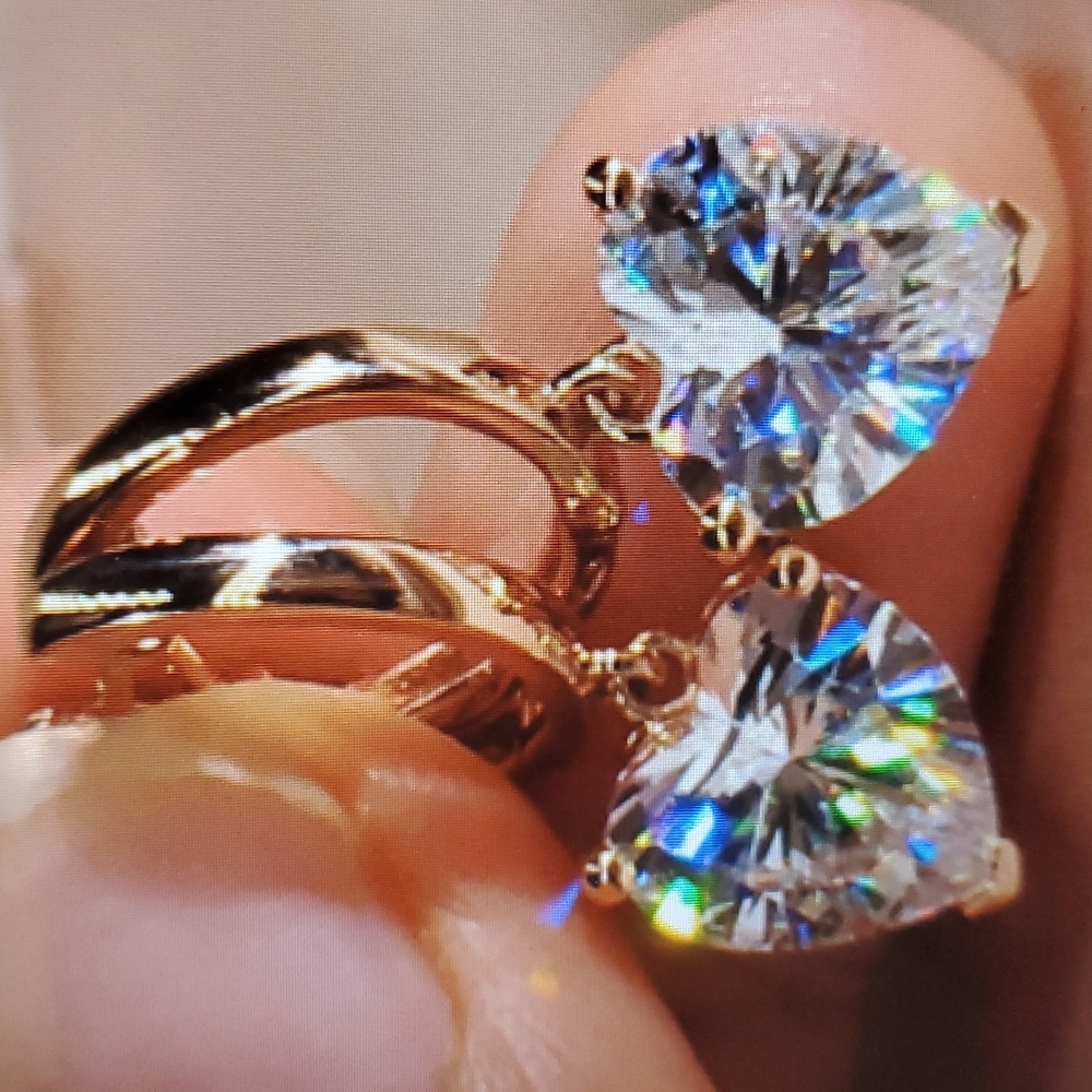 New 18k Rose Gold Plated Diamond Heart Drop Hoop Earrings - Picture 3 of 6
